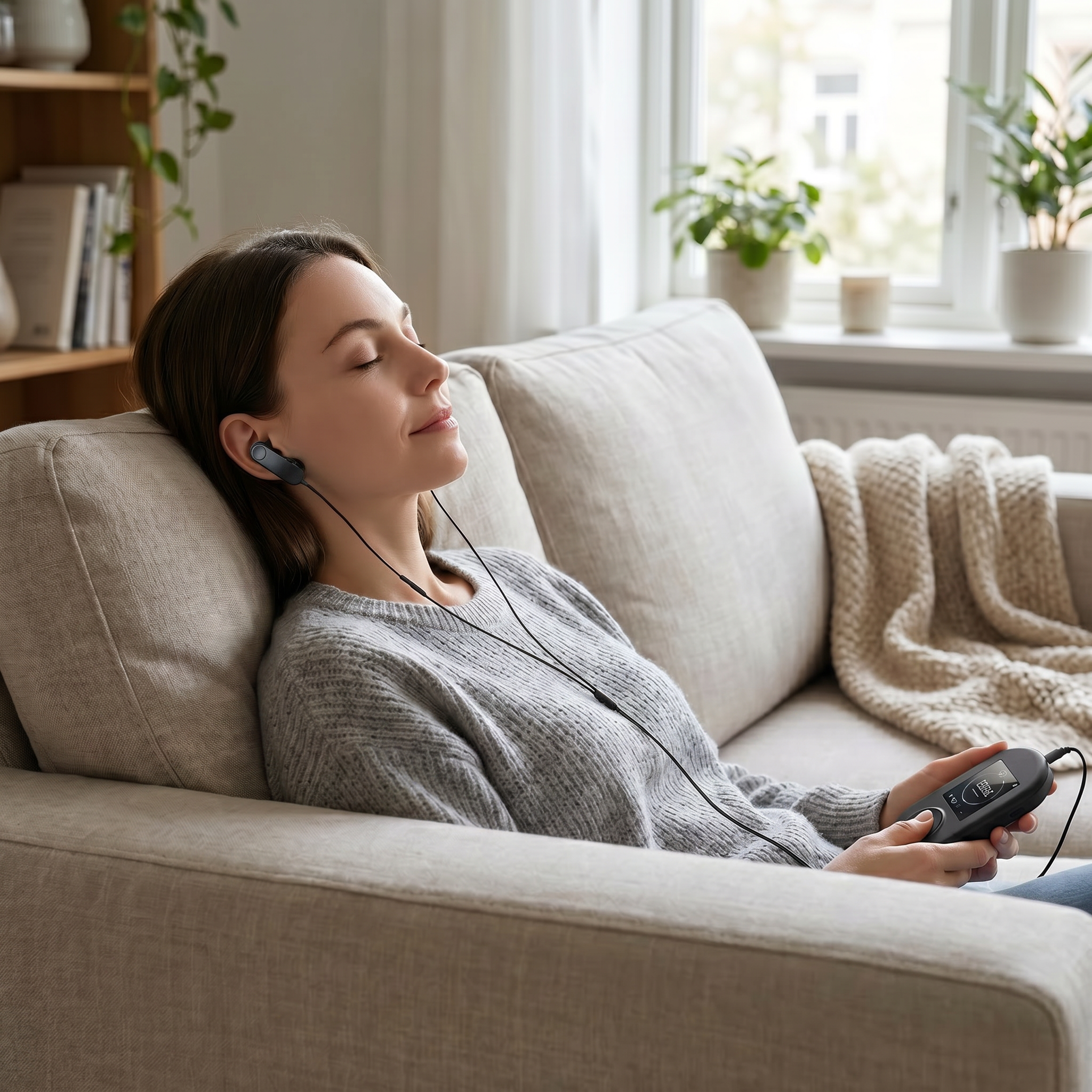 A woman in a heather sweater relaxes on a couch with the Lull ear-clip device in use, eyes closed.