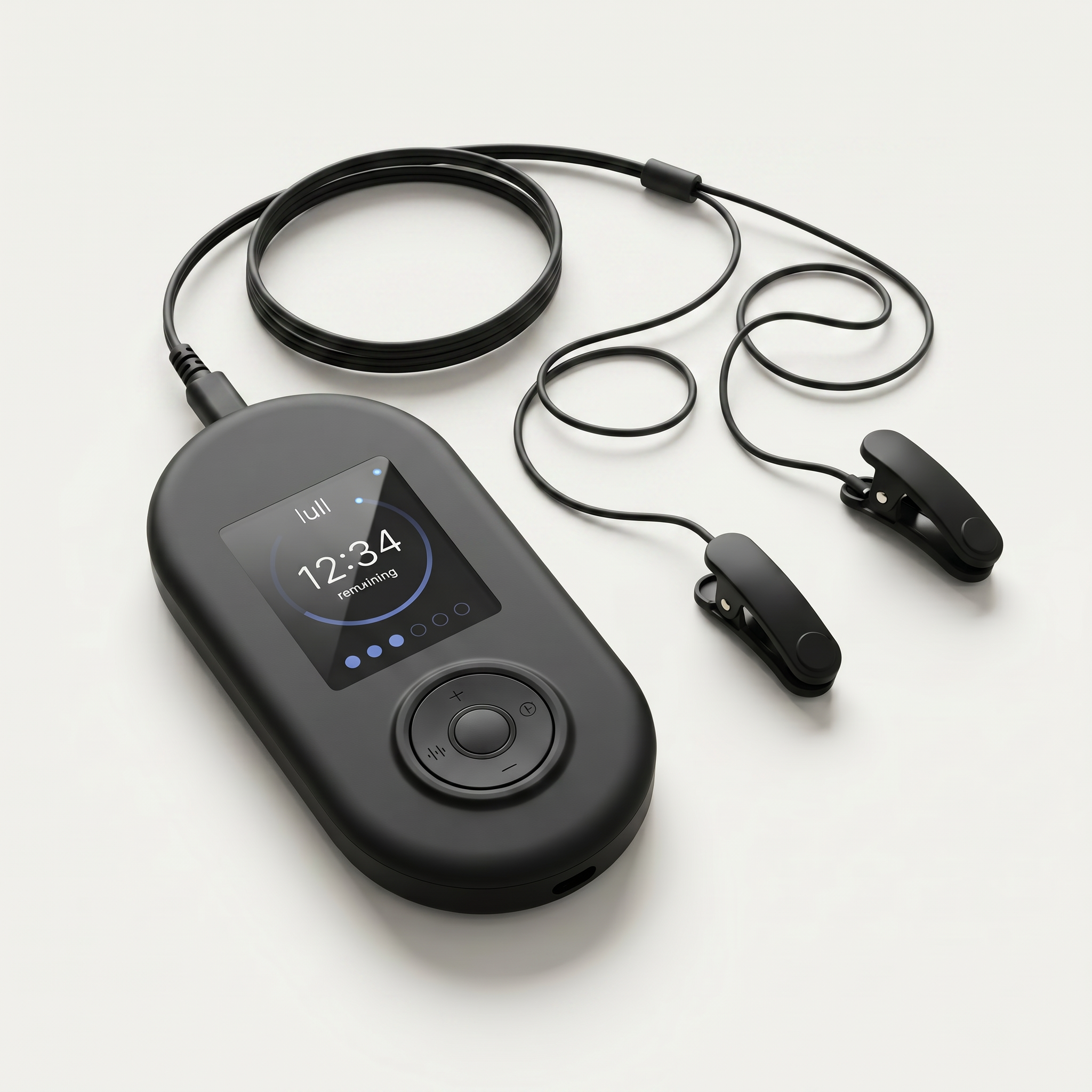The Lull ear-clip device with cable and electrodes on an off-white surface.