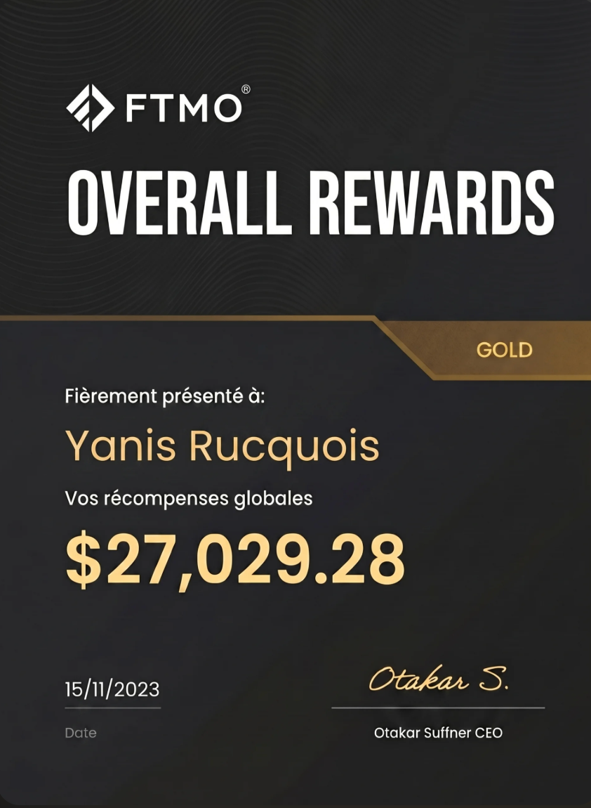 2023 · FTMO Overall Rewards Gold · $27,029.28 · Yanis Rucquois · 15 Nov 2023