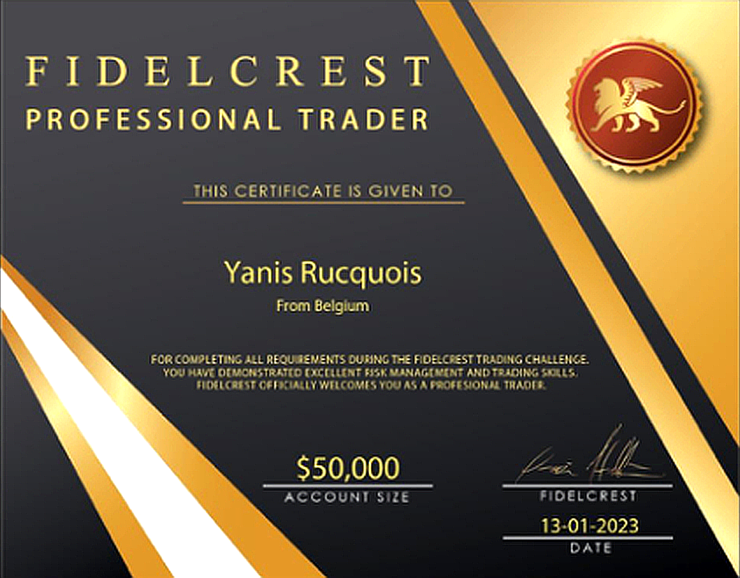 Fidelcrest Professional Trader Certificate — Yanis Rucquois, $50,000, January 2023