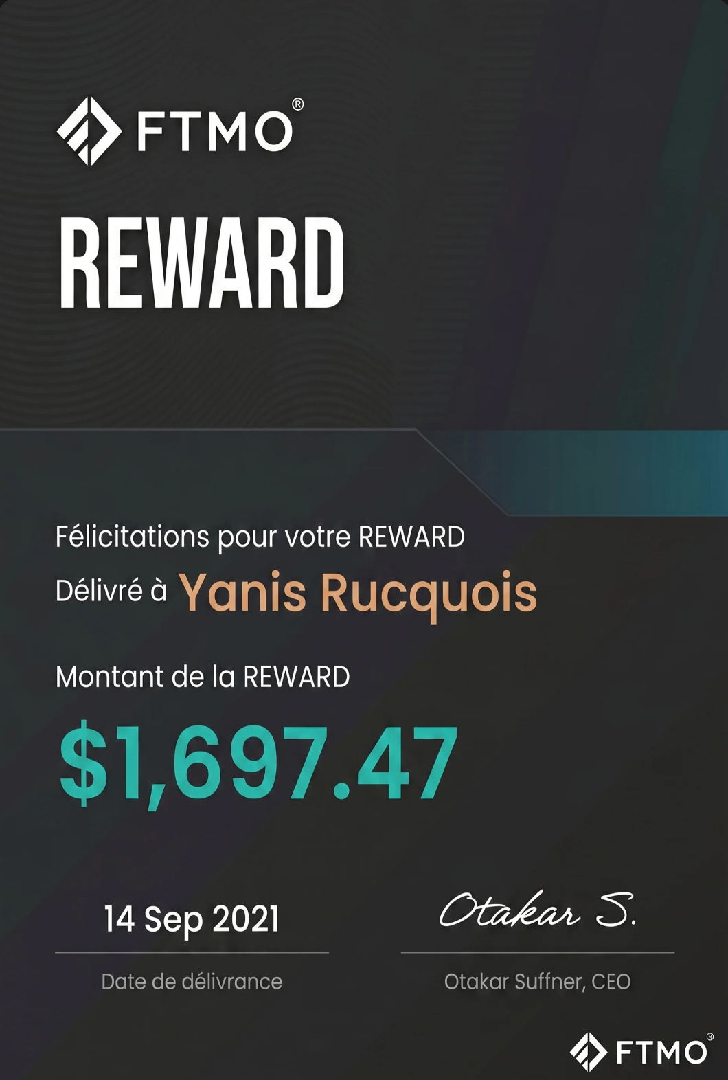 2021 · FTMO Reward · $1,697.47 · 14 Sep 2021