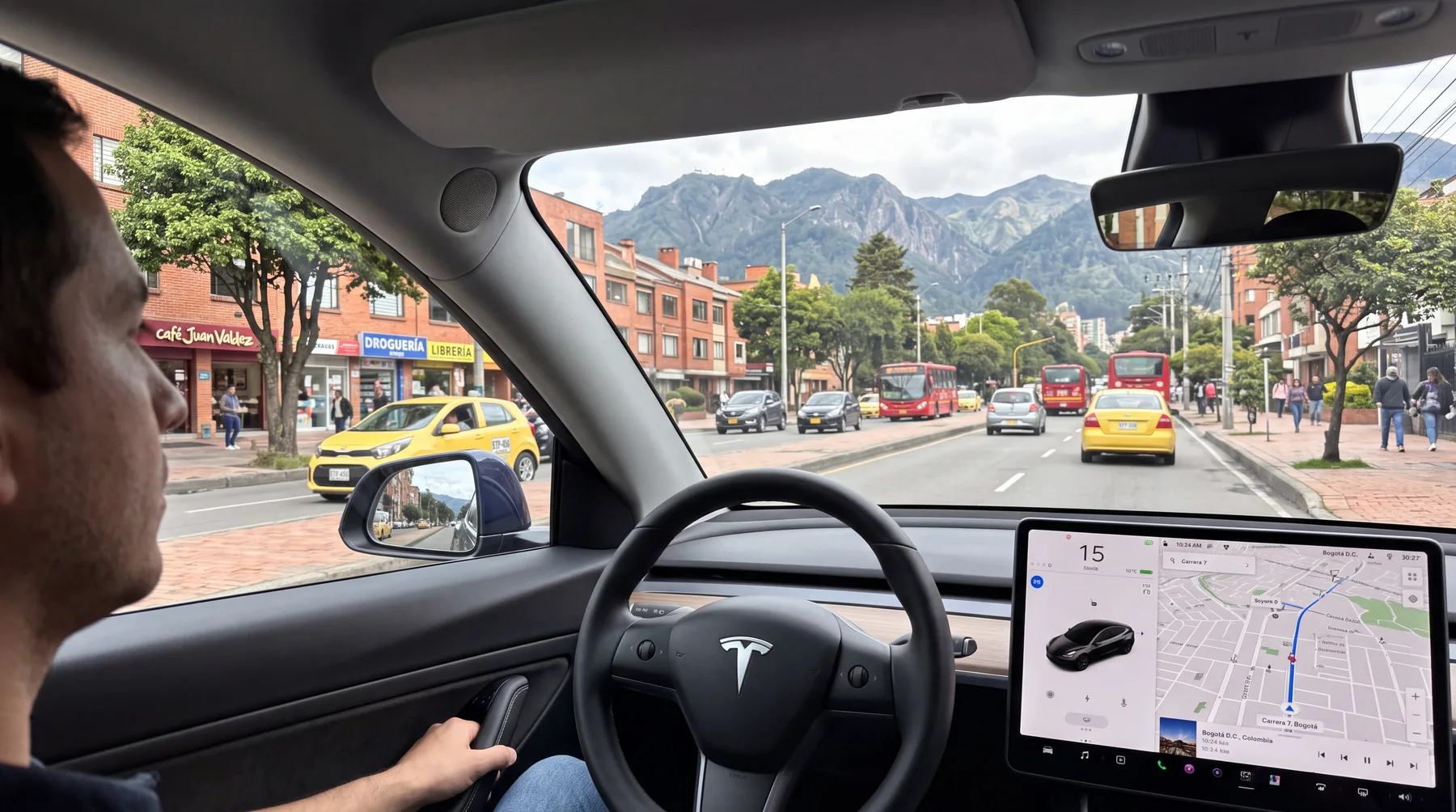 Vista desde el puesto del conductor en Bogotá de día — simulación de polarizado