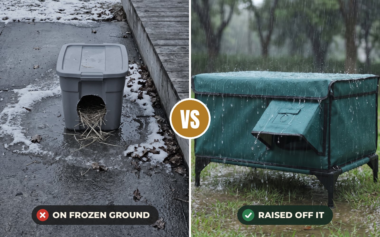 A storage-tote shelter sitting in an icy puddle next to the raised cat house on its frame