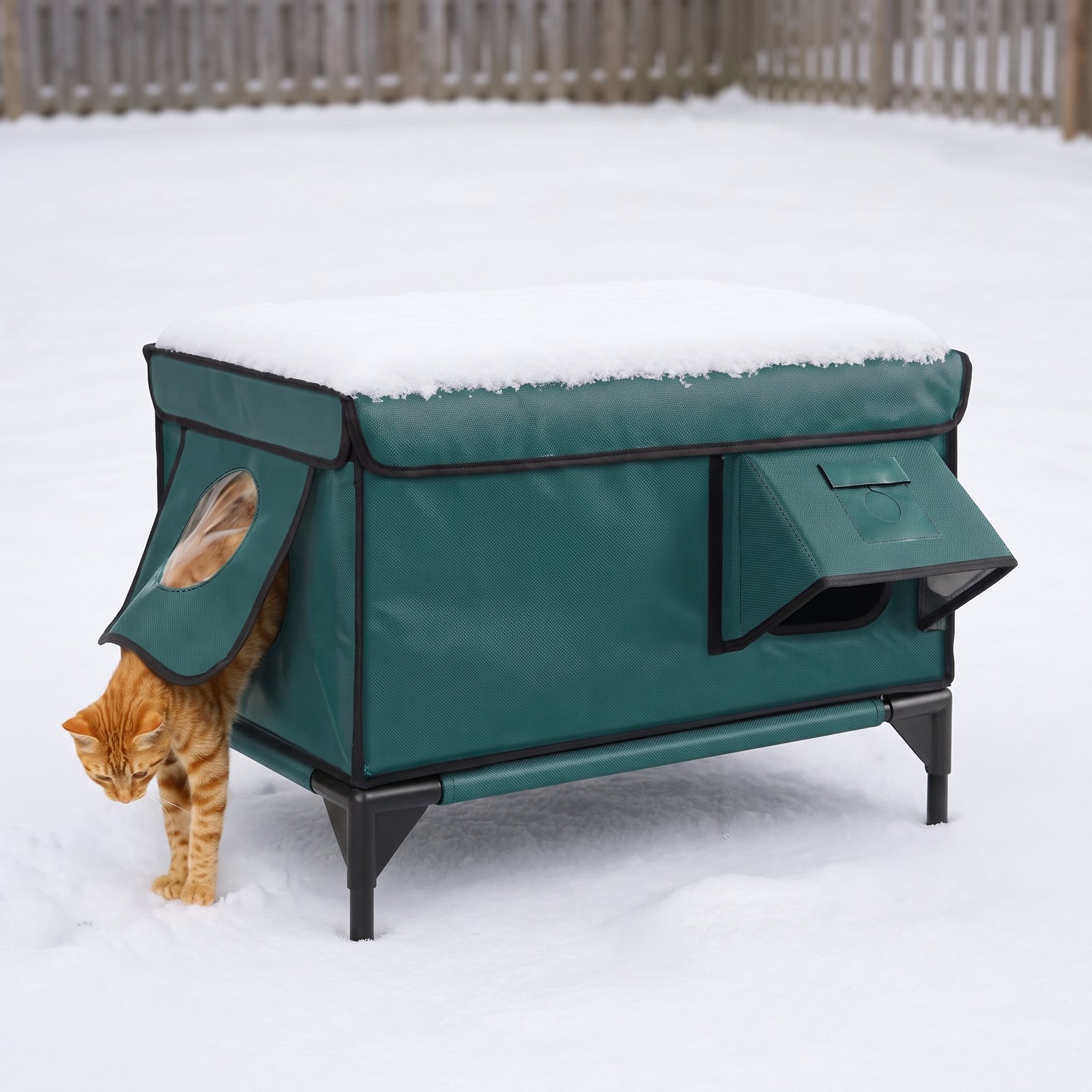 Cat leaving through the round side escape door in the snow