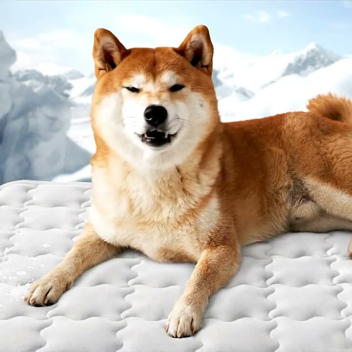 Arctic the Shiba, Chief Comfort Officer, on his ArcticPaw cooling mat