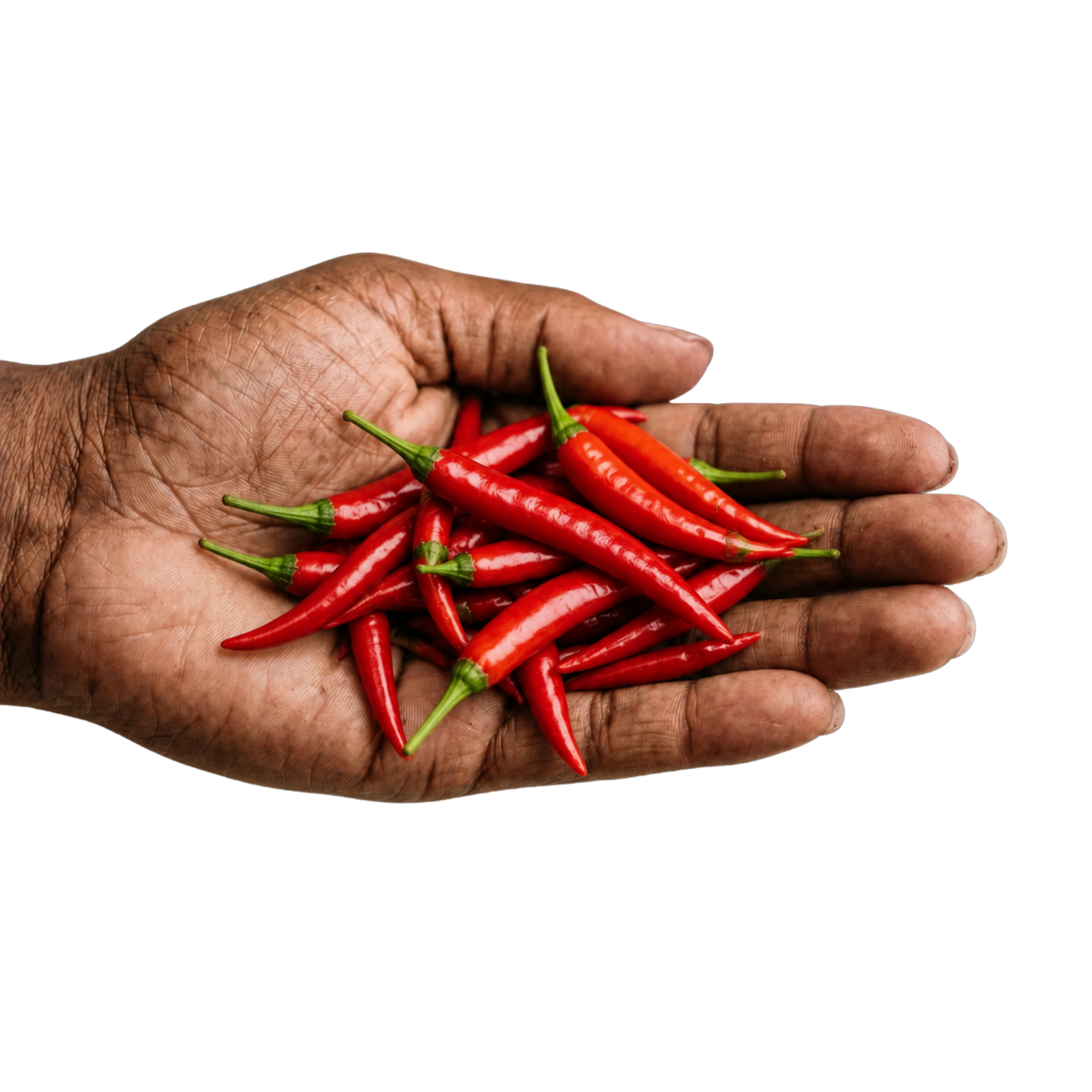A hand holding fresh cayenne peppers