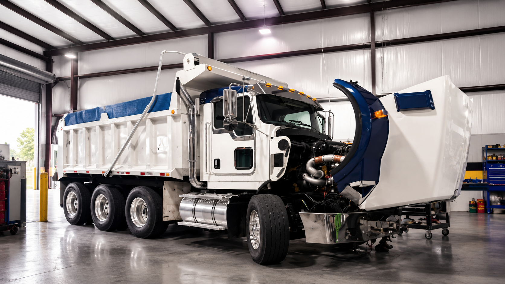 Heavy-duty dump truck inside the TractoAuto shop