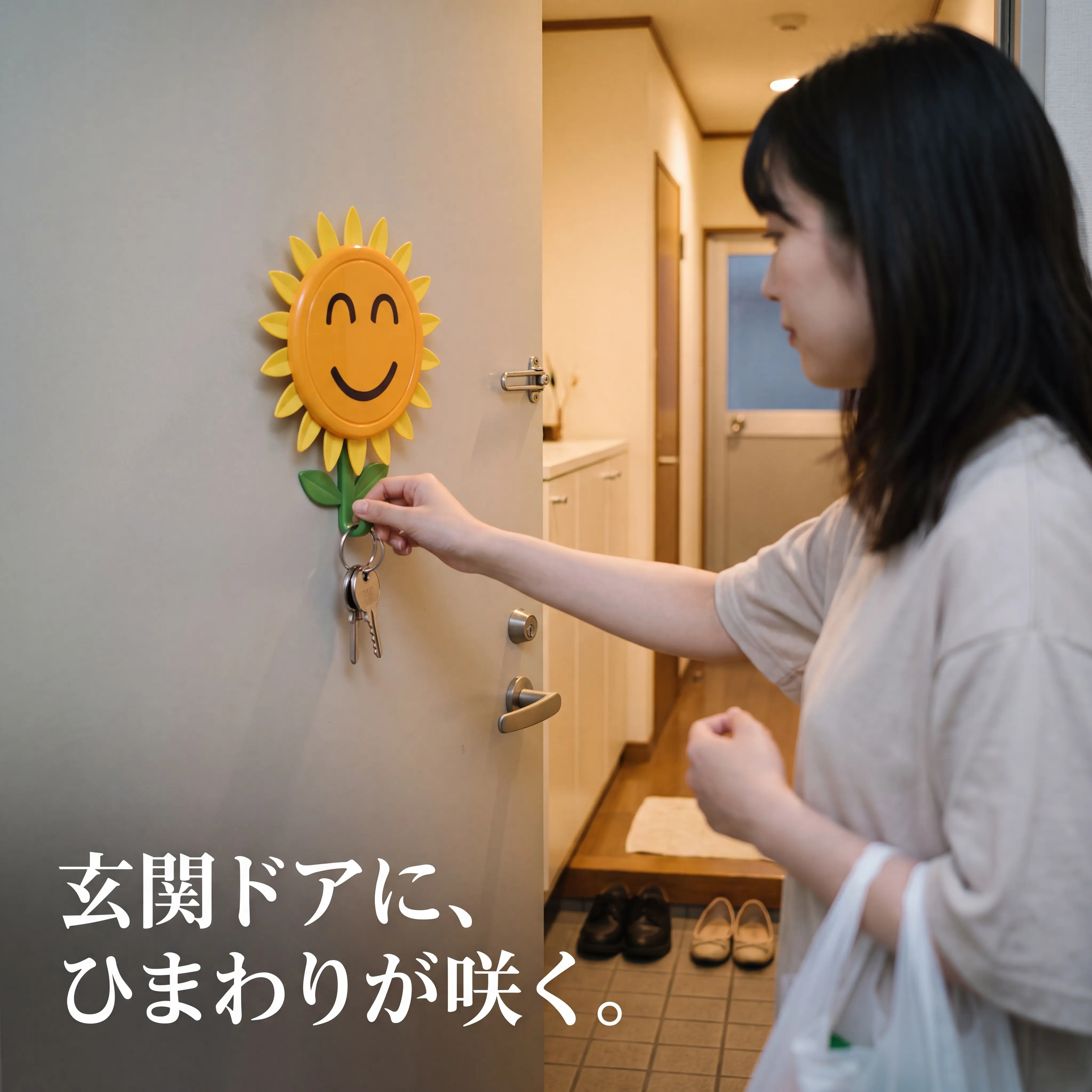 日本の玄関ドアに貼ったひまわりフックに鍵を掛けているところ