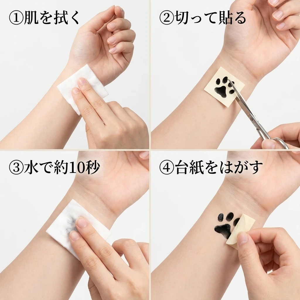 水で貼るだけ約10秒の4ステップ