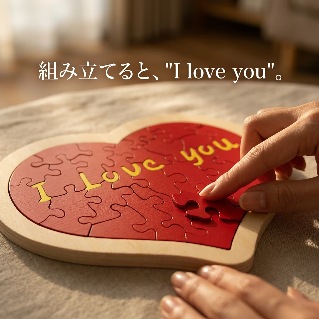 完成した木製ハートに「I love you」が浮かび上がる様子