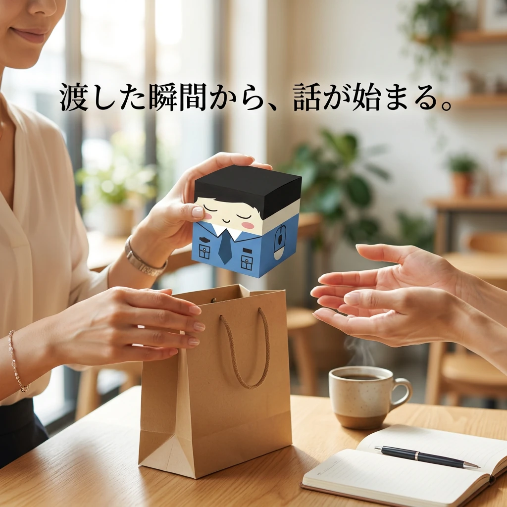 紙袋からキューブメモを取り出して手渡しているシーン