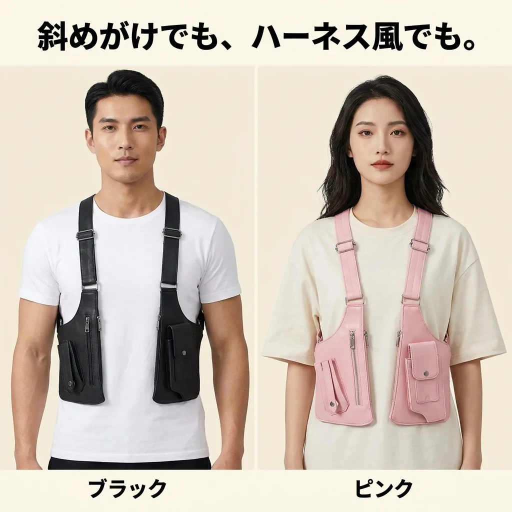 斜めがけとハーネス風、ブラックとピンクの2WAY・2色
