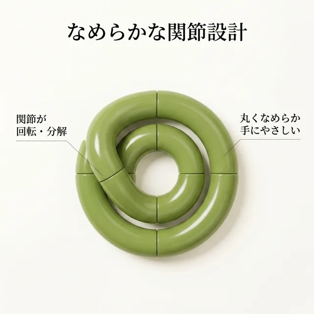 抹茶グリーンのフィジェットの関節設計と丸くなめらかな表面の説明