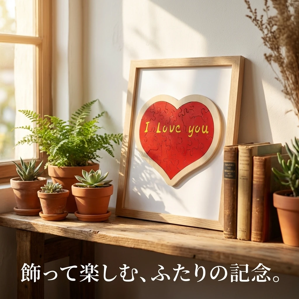 棚に飾った完成後の木製ハートパズル