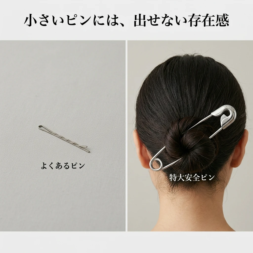 小さなピンと特大安全ピンの存在感の比較