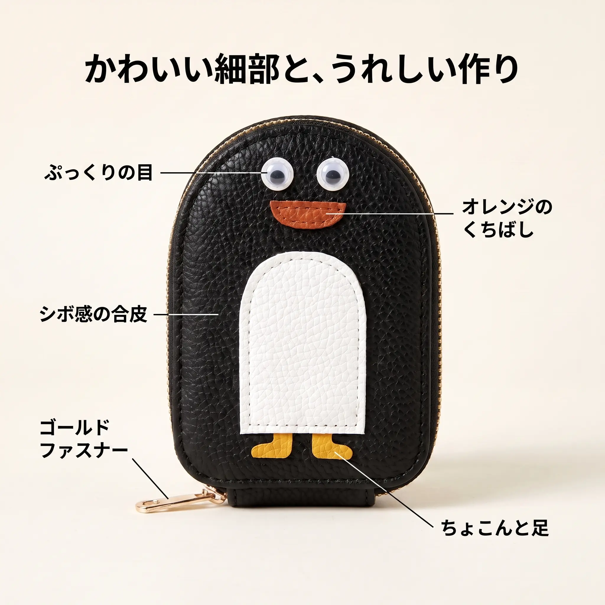 シボ感の合皮とゴールドファスナーのアップ