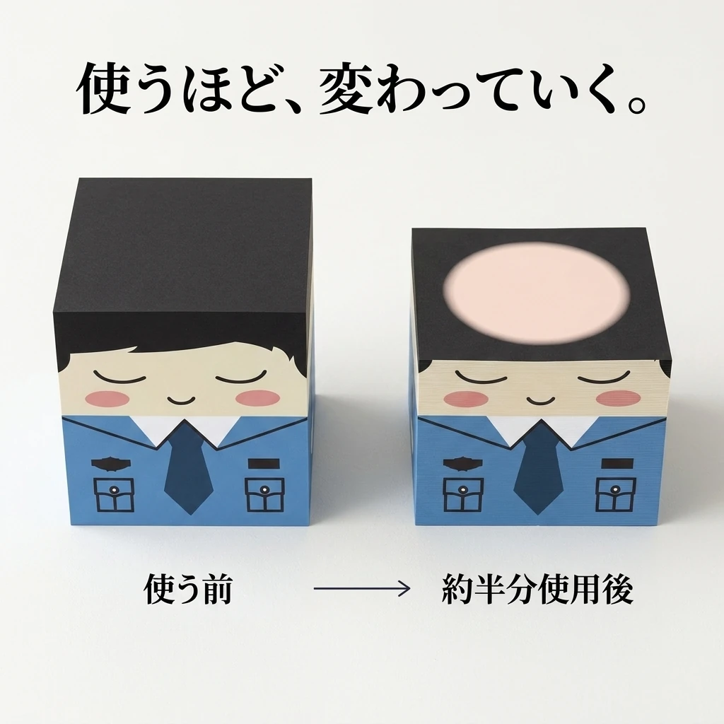 未使用のキューブメモと約半分使用したキューブメモを真上から比べたカット
