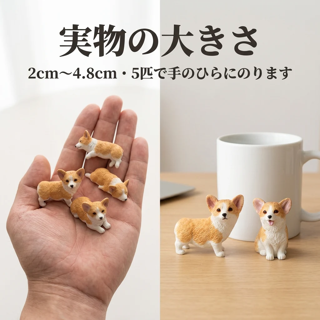 手のひらとマグカップとくらべた、コーギー置物5匹の実際の大きさ