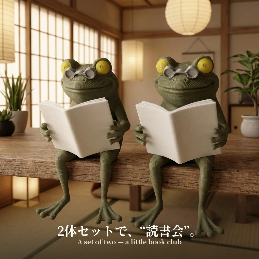 同じデザインのカエル2体が並んで読書する様子。