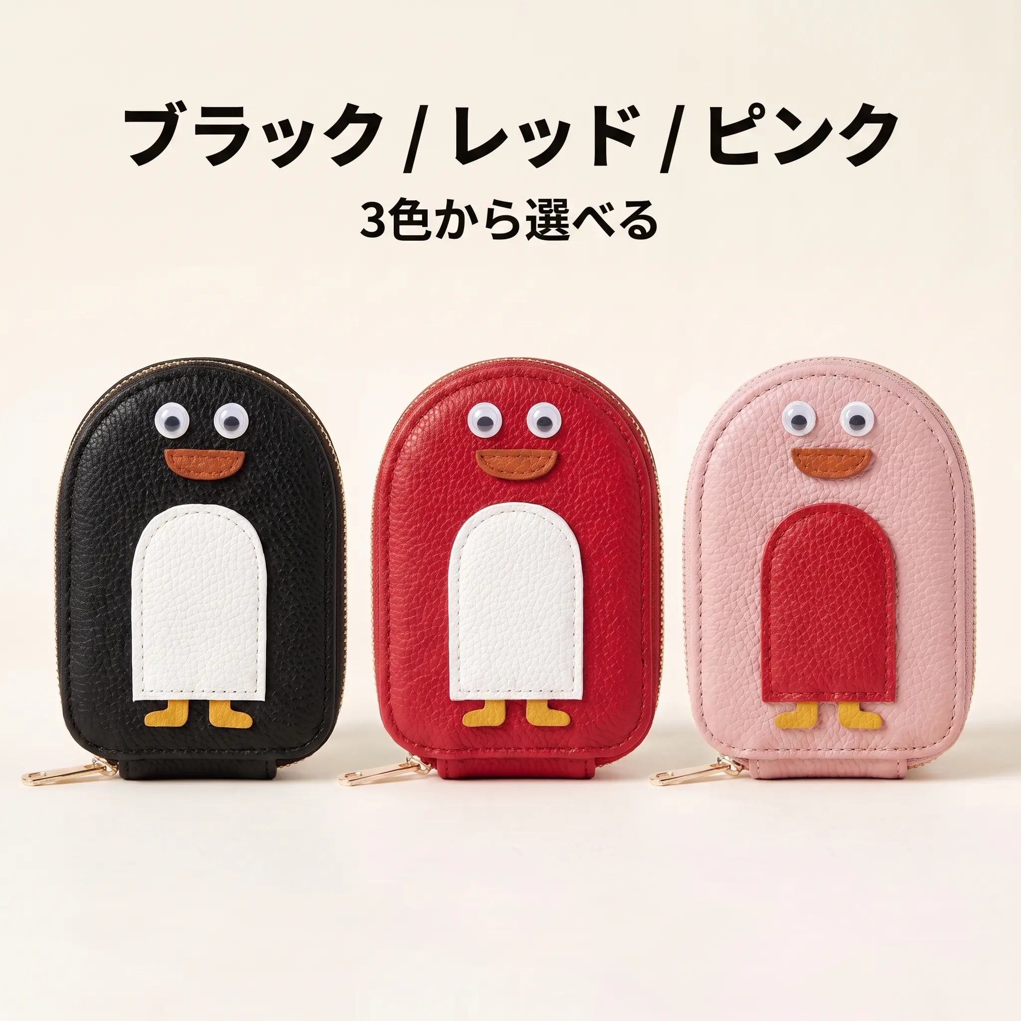 ブラック・レッド・ピンク3色のペンギンのカードケース