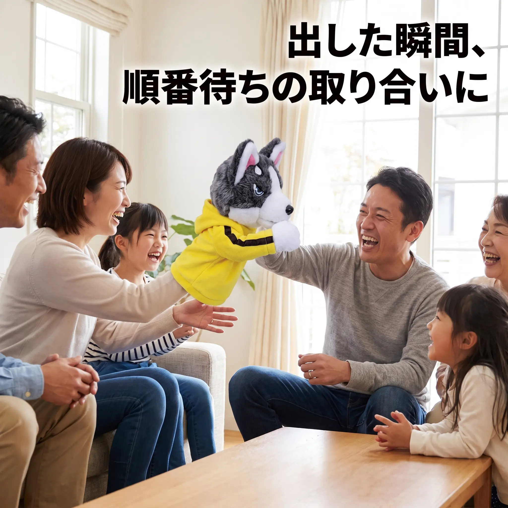 友人グループでハスキーパペットを回して楽しむ様子