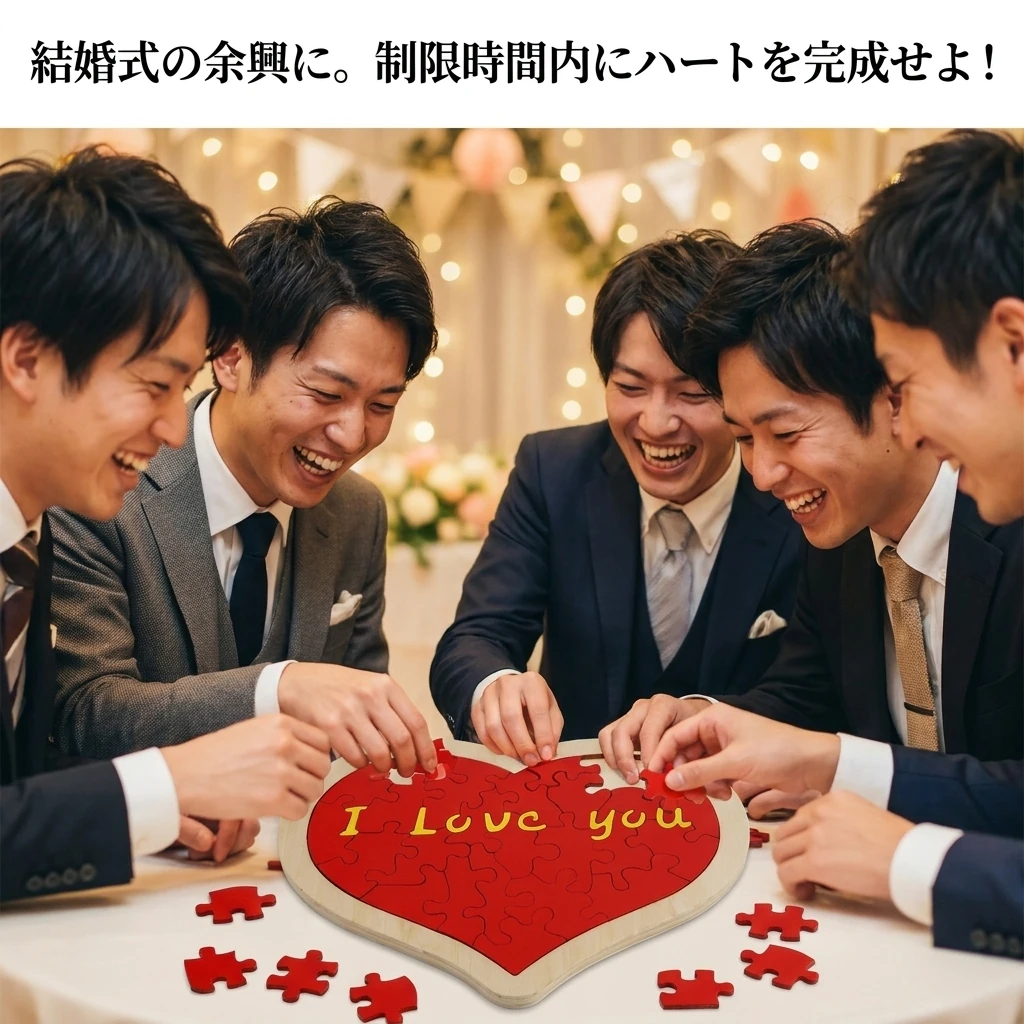 結婚式の二次会でハートパズルを楽しむ様子