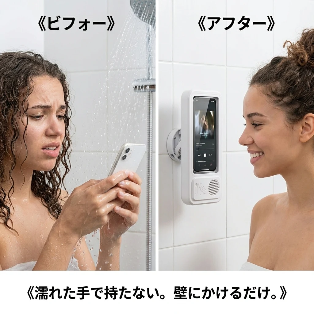 濡れた手でスマホを持つビフォーと、壁にかけてハンズフリーになったアフター