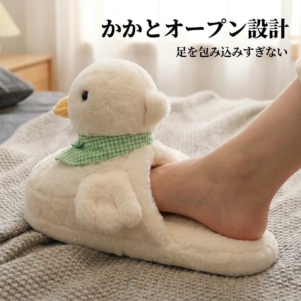 かかとが開いたあひるスリッパの背面クローズアップ