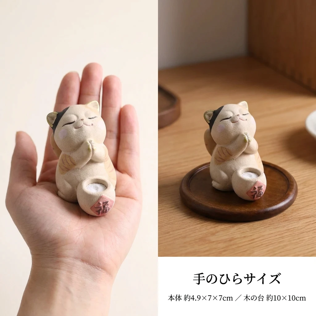 手のひらにのる福ねこと木の台のサイズ感。約4.9×7×7cm。