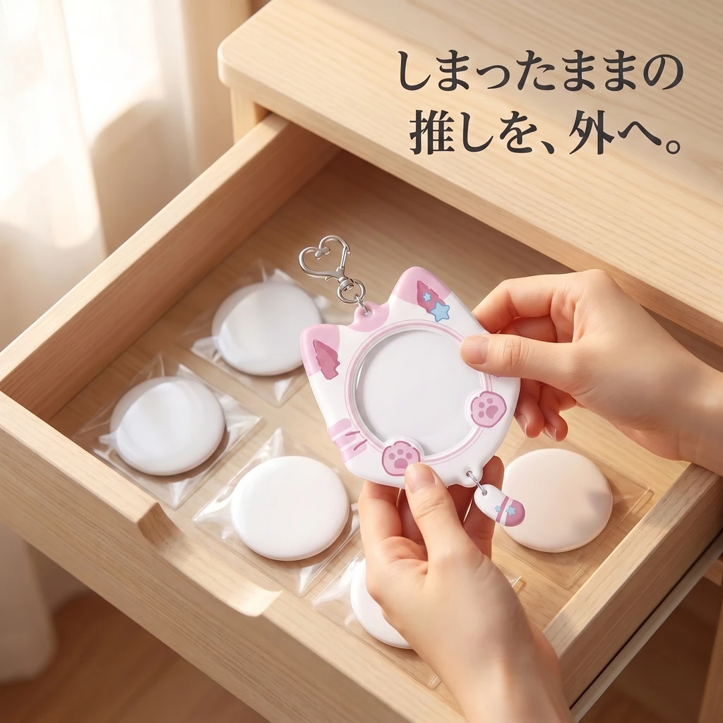 引き出しの缶バッジをホルダーにはめるところ