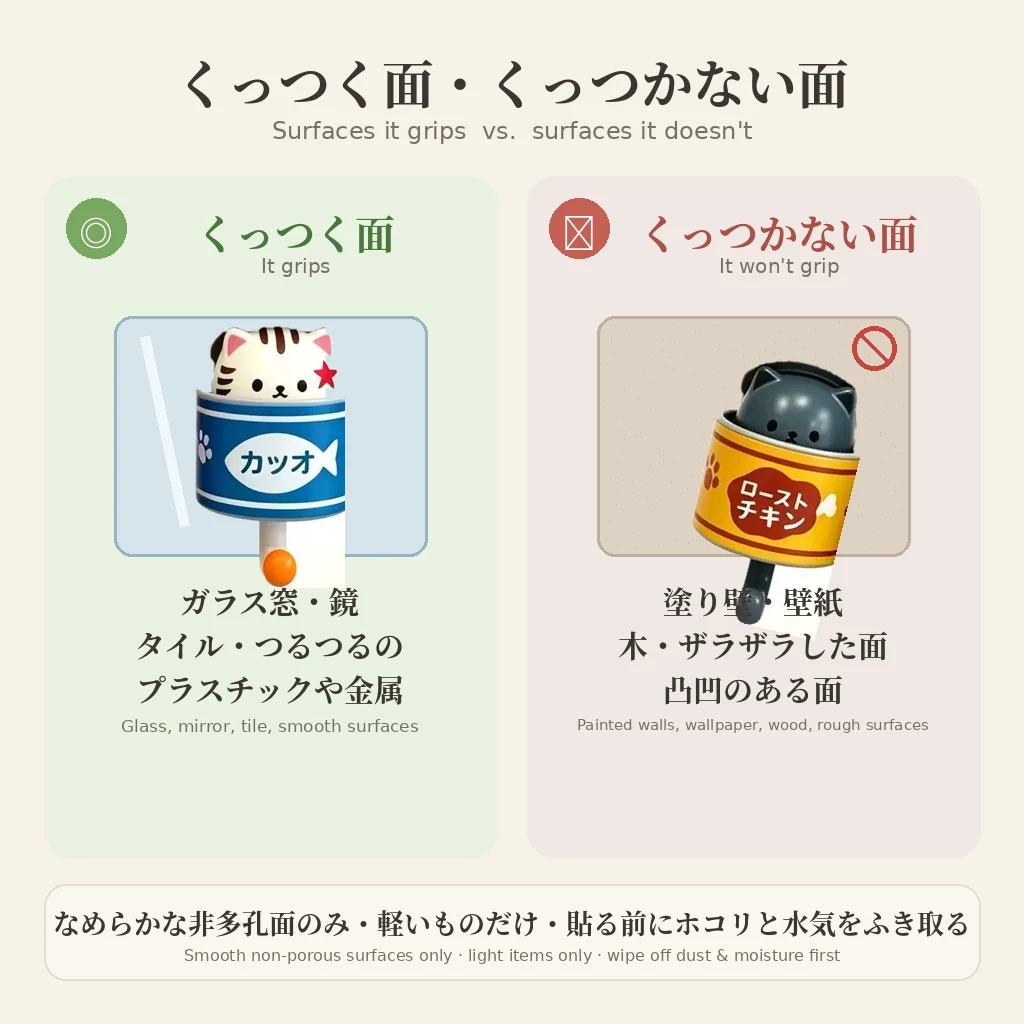 ◎ガラス・鏡・タイル・つるつる面にはOK。✕塗り壁・壁紙・木・ザラザラ面にはNG。軽いものだけ。