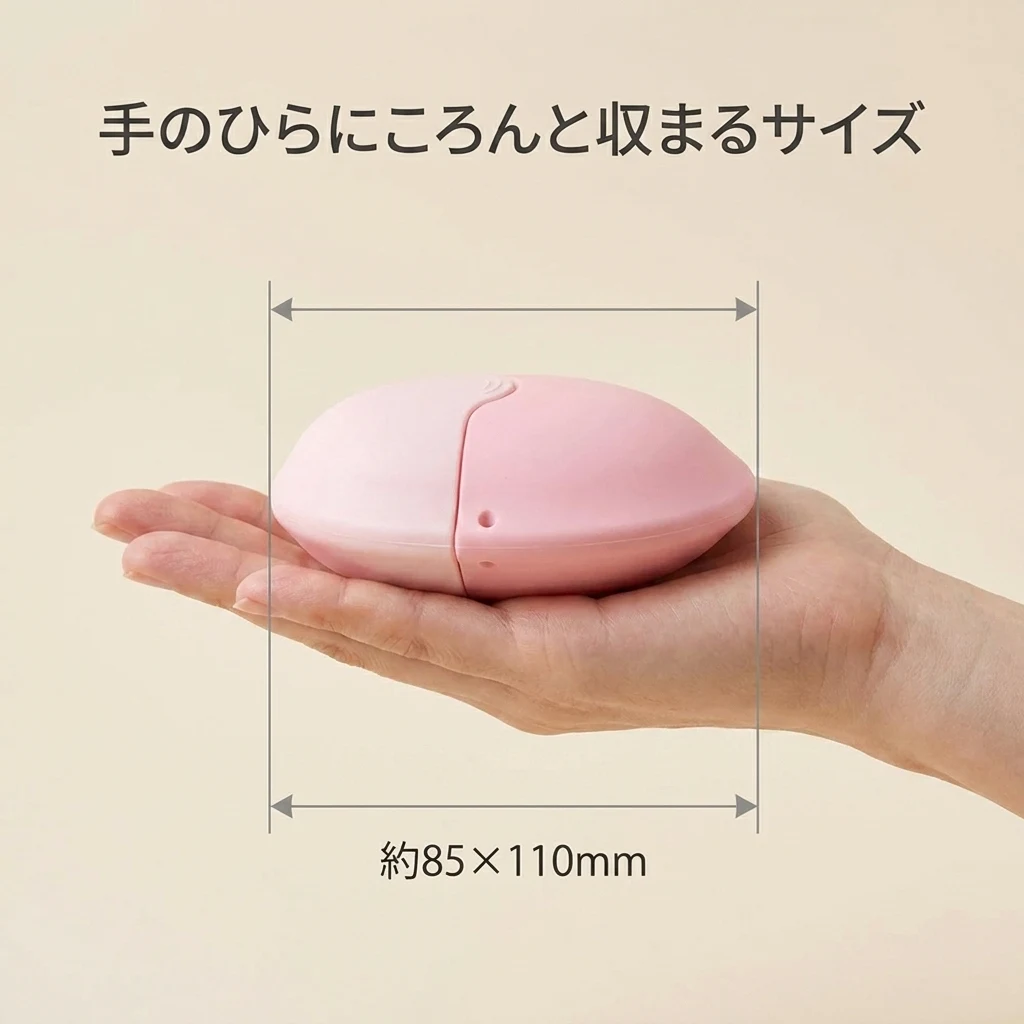 手のひらサイズの寸法と4色のスウォッチ