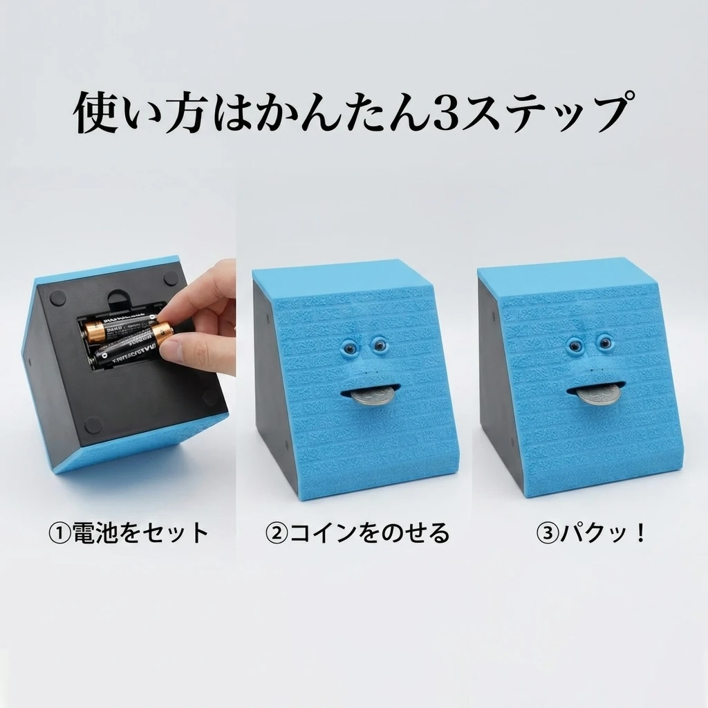 電池をセットしコインをのせて食べる3ステップ