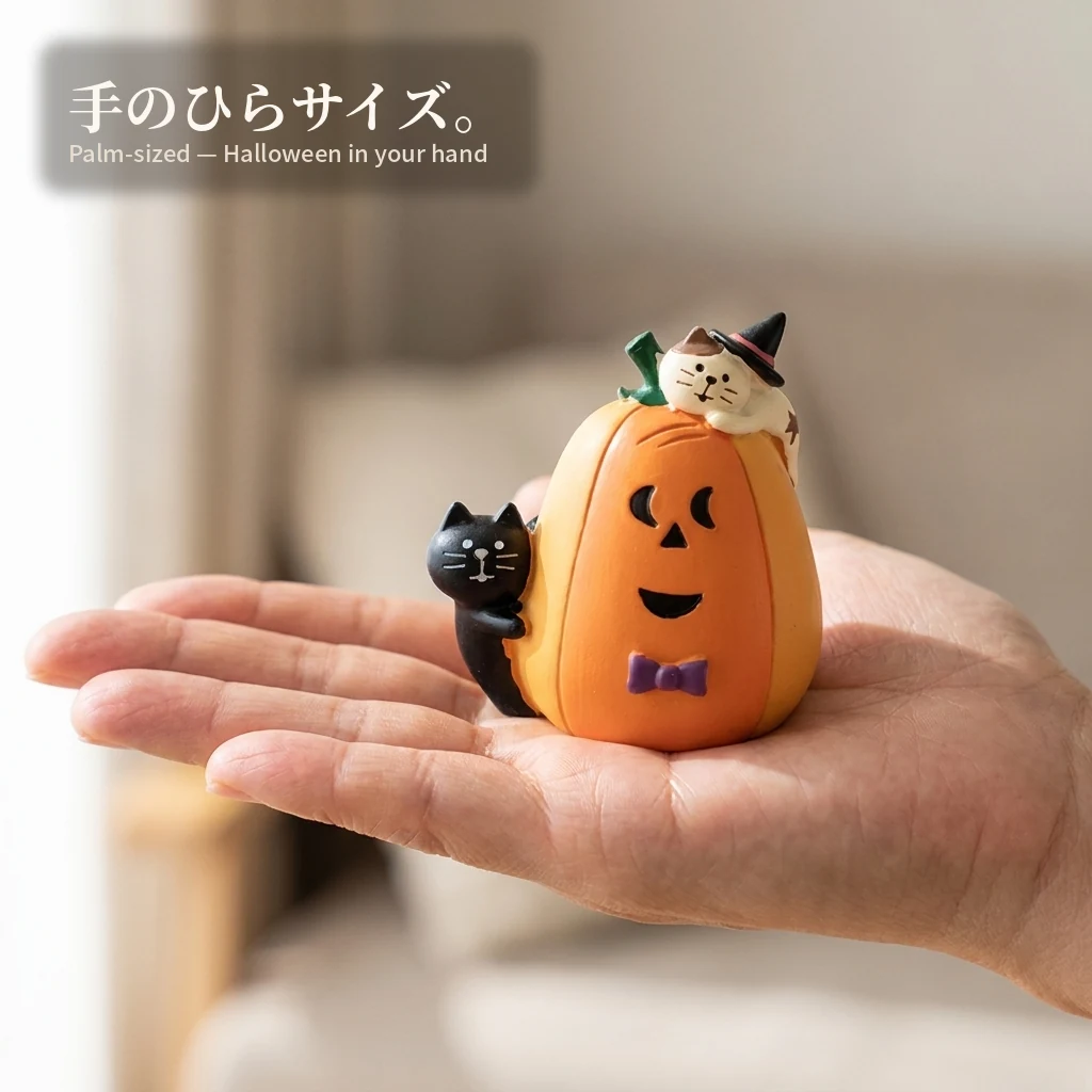 大人の手のひらにのせたかぼちゃ猫フィギュア。手のひらサイズの実寸イメージ。