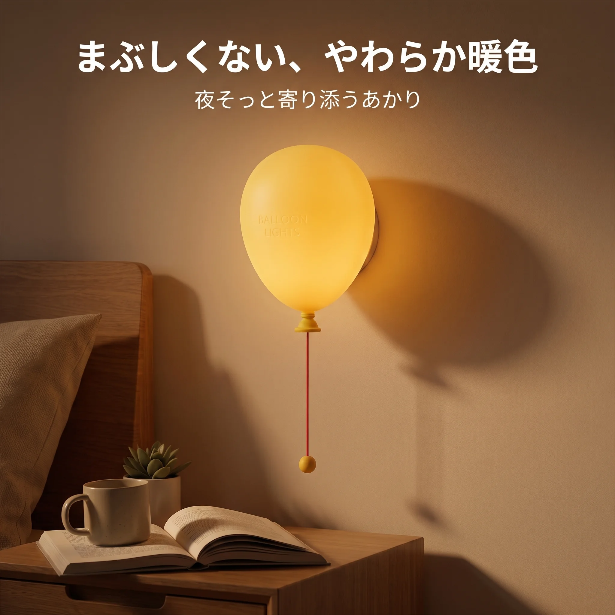 暗い寝室のベッドサイドで灯る気球ライト