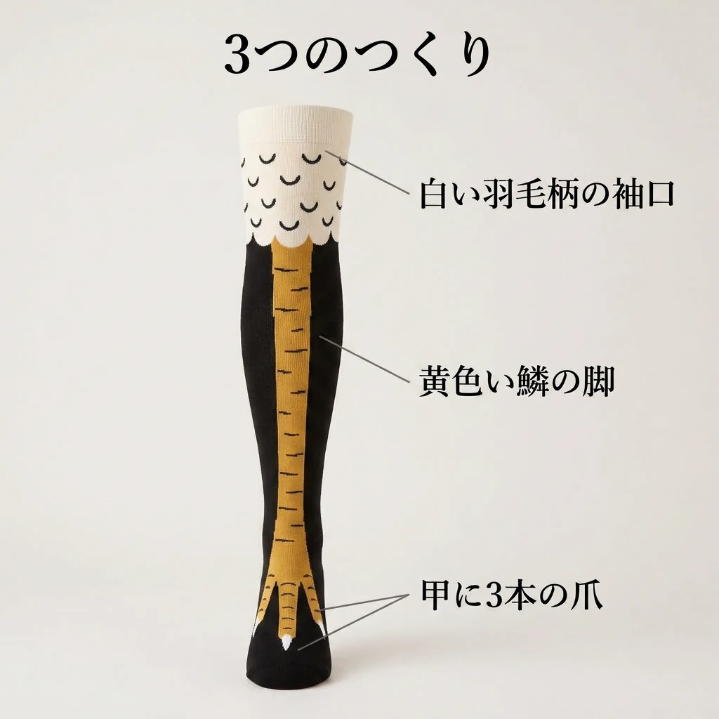 白い羽毛柄の袖口、黄色い鱗の脚、甲の3本の爪