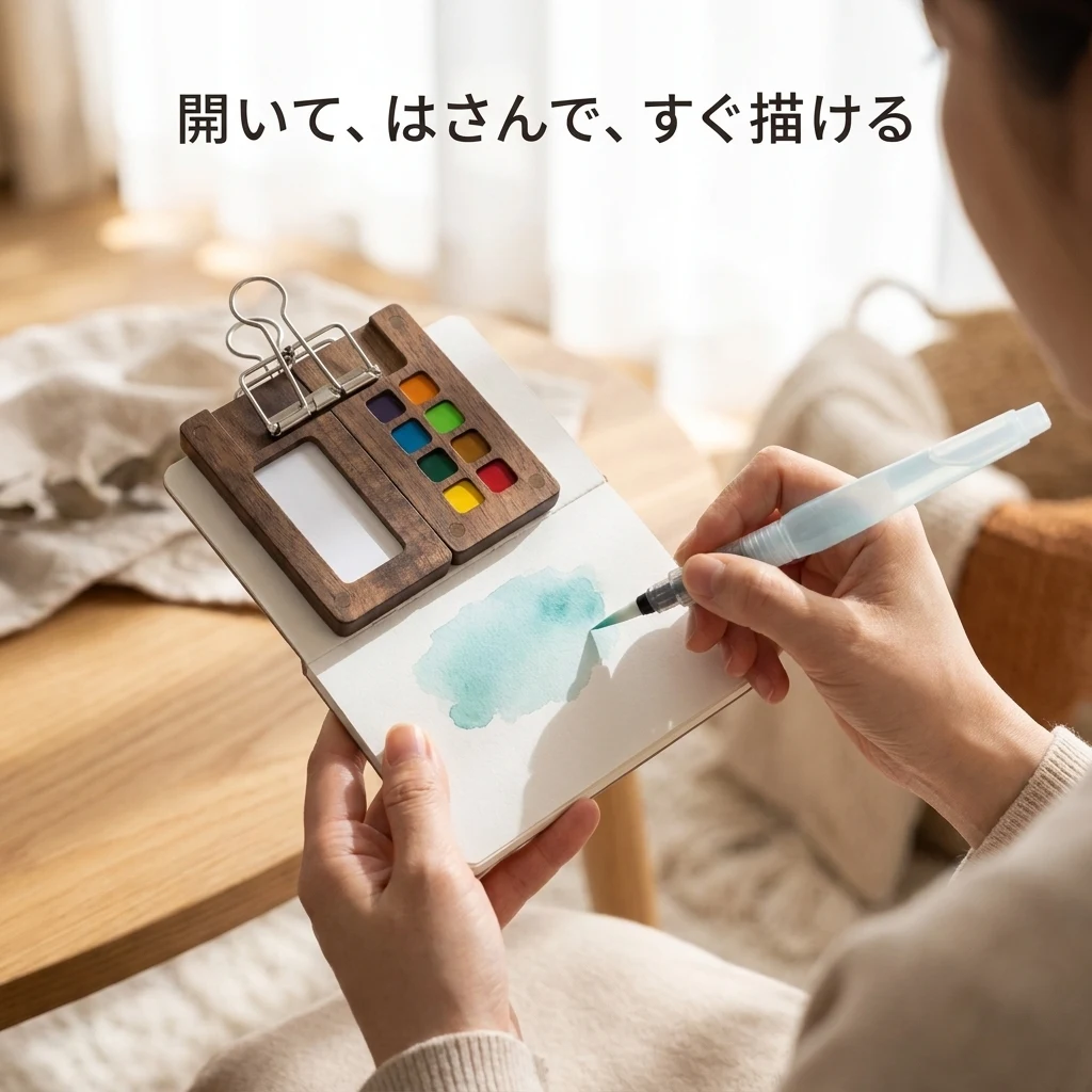 木製パレットを画帳にはさんで描いている手元