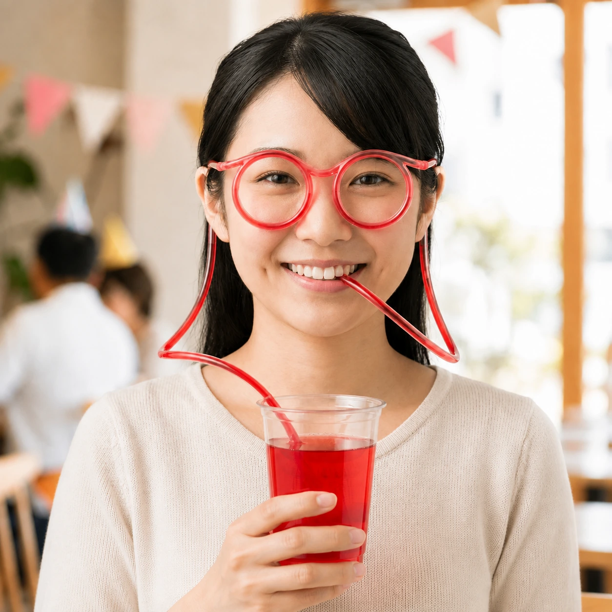 メガネストローをかけてグラスから飲み、大笑いする若い女性