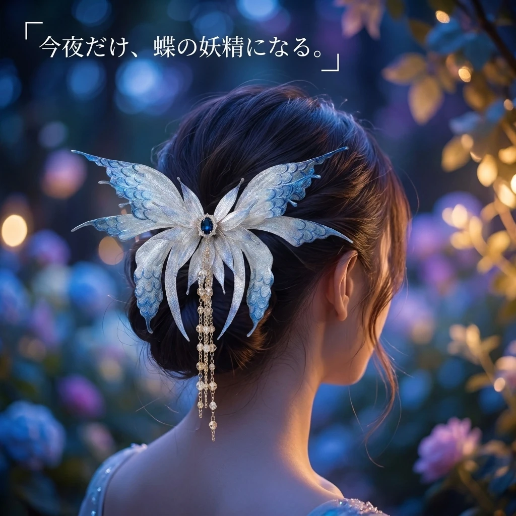 ブルーの羽の髪飾りをまとった幻想的な後ろ姿