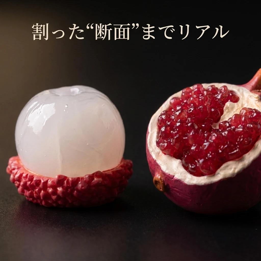 ライチとザクロの断面ミニチュアのマクロ写真