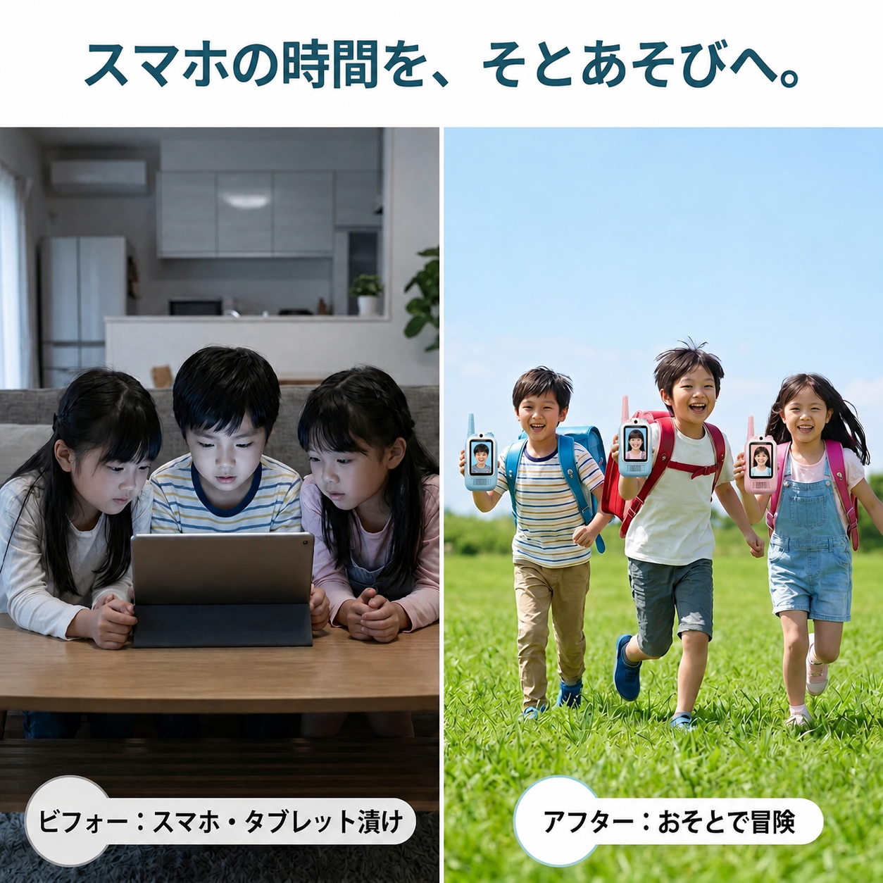 タブレットに夢中の室内から、外で遊ぶ子どもたちへのビフォーアフター