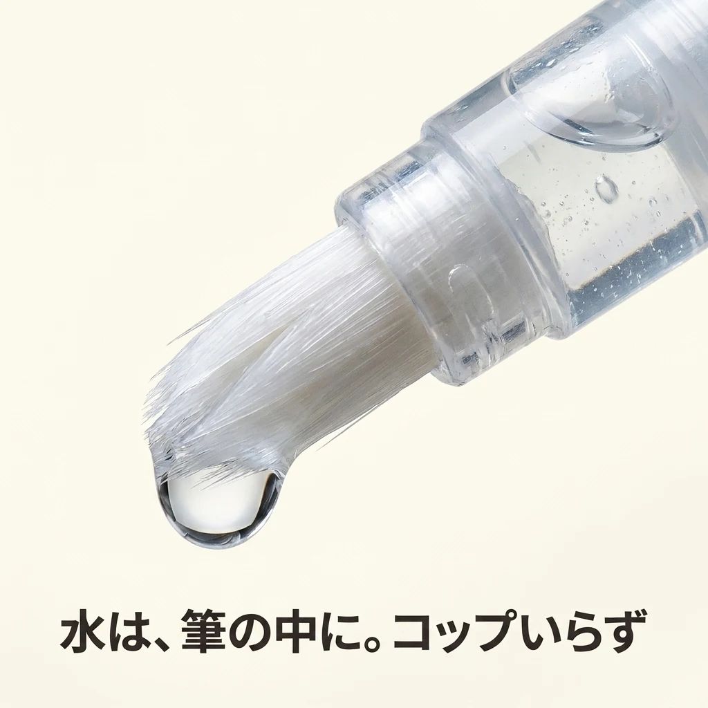 水筆の先に水のしずくがふくらむクローズアップ