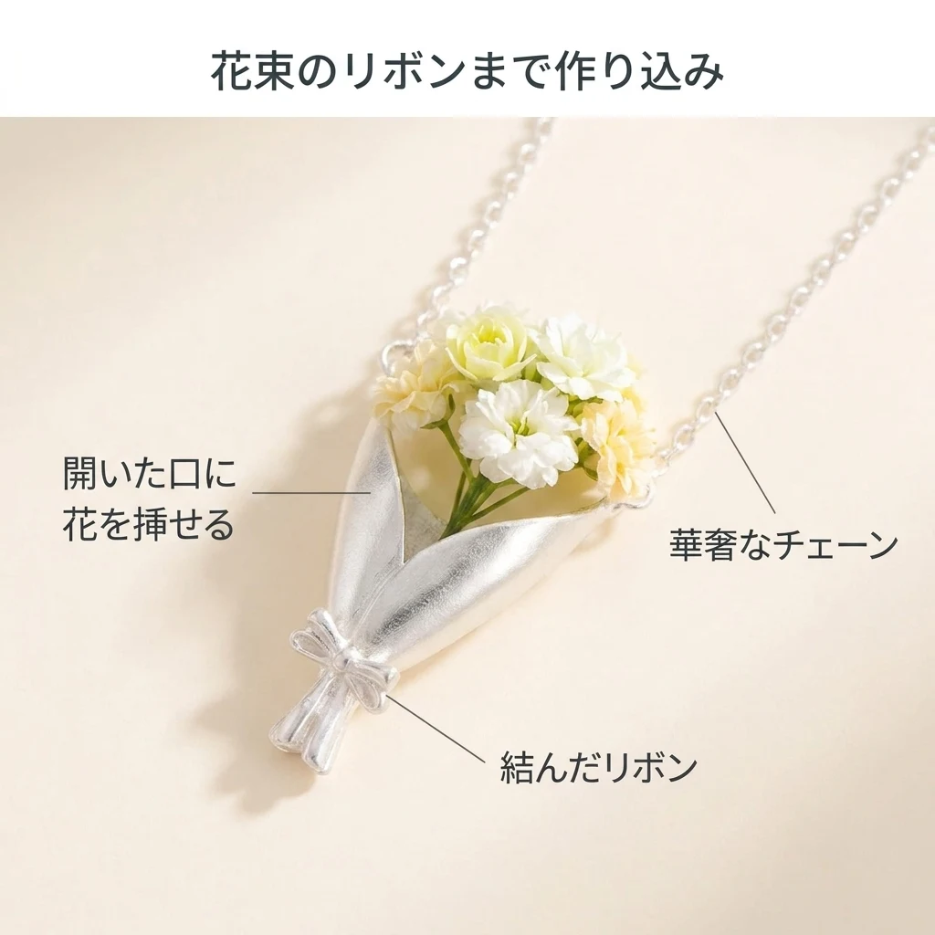 花束のリボンまで作り込んだ華奢なデザイン