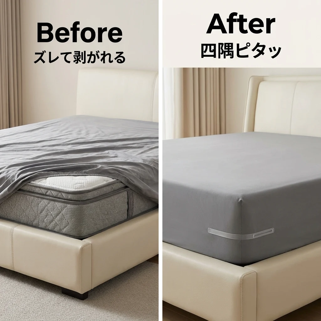 剥がれたシーツとピンと張ったシーツの比較