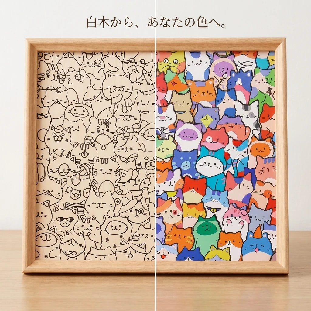 白木から色鮮やかに変わるねこのパズル