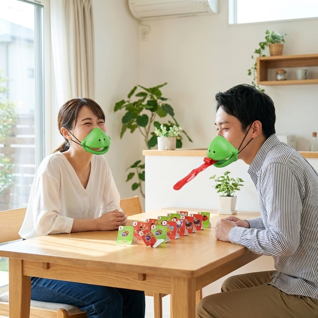 カエルのマスクで遊ぶ家族