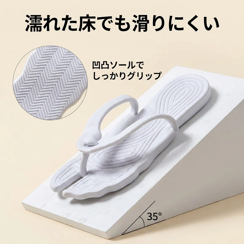 足裏の凹凸トレッドと、傾いた面でも滑りにくいことを示すグリップ検証