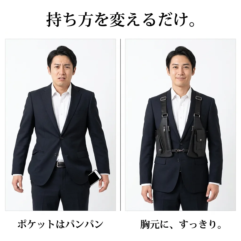 ポケットのふくらみから、胸元にすっきりまとめた比較