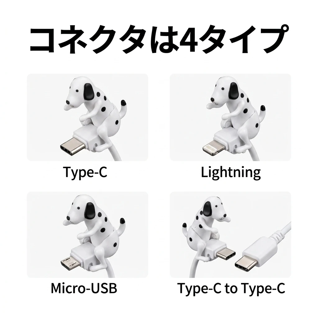 4タイプのコネクタ（Type-C / Lightning / Micro-USB / Type-C to Type-C）