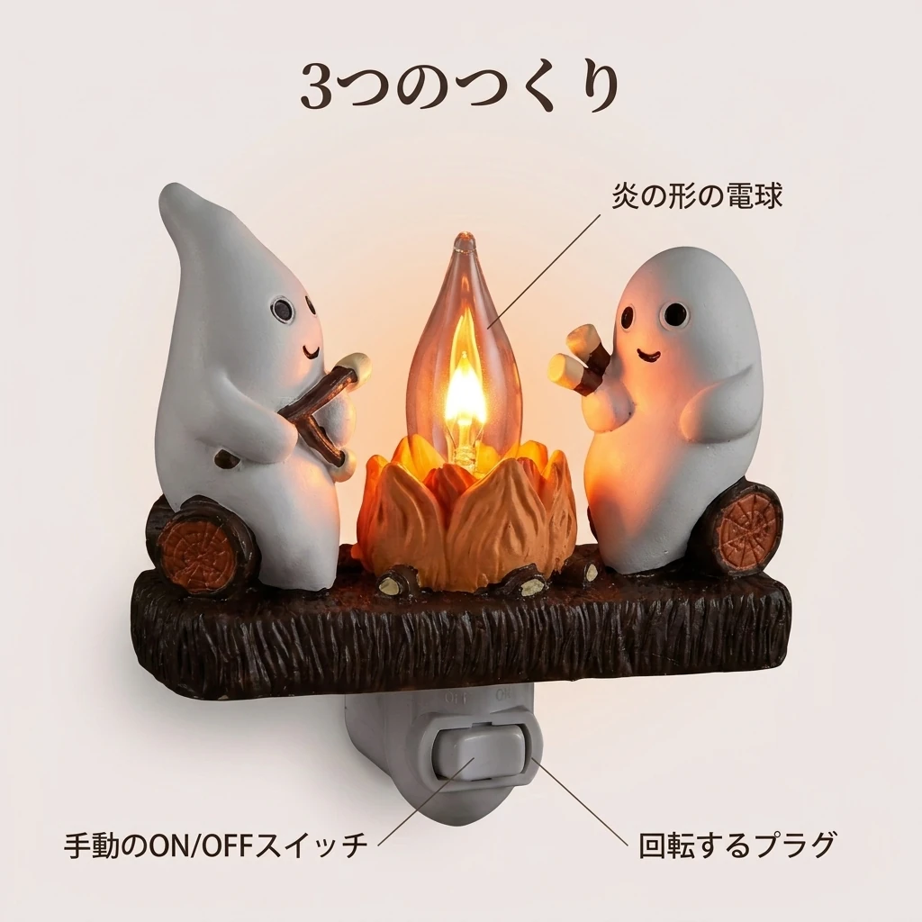 中央の炎の形をした電球と、両側のおばけの顔に寄ったカット